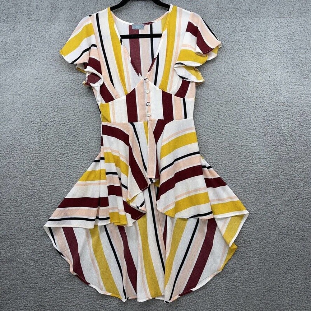 Vizio Women Tunic Blouse Multicolor Stripe V-Neck Flutter Sleeve Button Size XS
